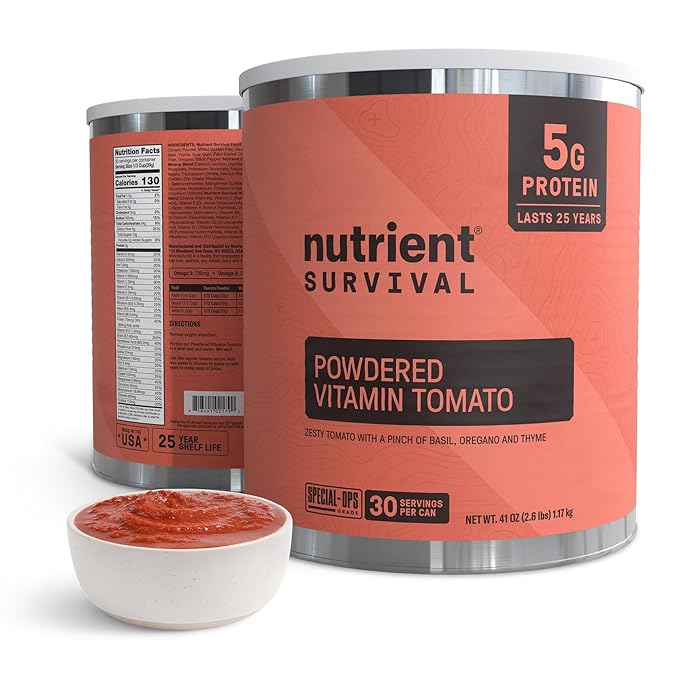 Nutrient Survival Tomato Powder, Powdered Vitamin Tomato (30 Servings) Emergency Food Supply & Camping Supplies for Soups, Sauces, Meatloaf, 40 Nutrients, Shelf Stable up to 25 Years, One Can