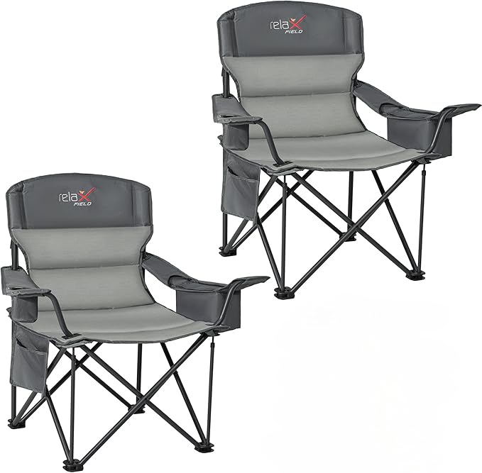 2 Pack Oversized Folding Camping Chair, Heavy Duty Support 500LBS Outdoor Chair with Cup Holder Storage and Cooler Pouch, Collapsible Padded Arm Chair for Sports Garden Beach Fishing, Grey