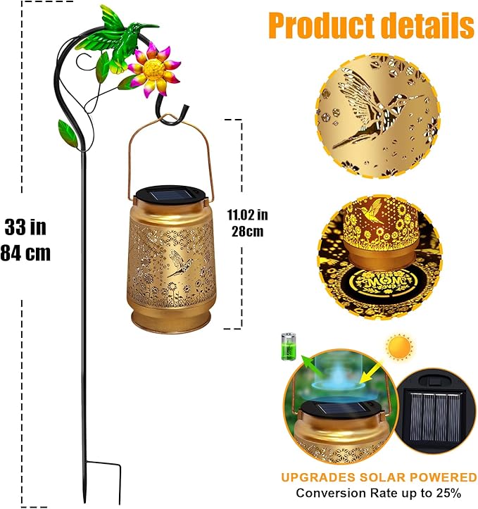 Hummingbird Solar Lanterns Outdoor Hanging Lantern Lights, Metal Waterproof Hummingbird Outdoor Decor for Garden Yard Backyard Porch,Garden Decor Birthday Gifts for Women Mon Grandma