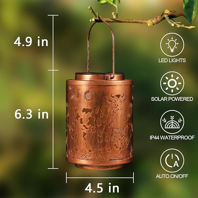 Solar Lanterns Garden Decor Birthday Gifts for Women Mon Grandma Metal Hanging Solar Lights Waterproof Outdoor Decoration for Outside LED Lanterns for Yard Patio Lawn (Cow)