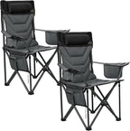 Oversized High-Back Camping Chairs with Pillow, Dual Cup Holders & Cooler Bag - Heavy Duty Foldable Outdoor Chair for Adults, Picnic, Fishing, Backyard, Sports (2, BlackGrey)