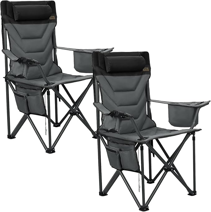 Oversized High-Back Camping Chairs with Pillow, Dual Cup Holders & Cooler Bag - Heavy Duty Foldable Outdoor Chair for Adults, Picnic, Fishing, Backyard, Sports (2, BlackGrey)