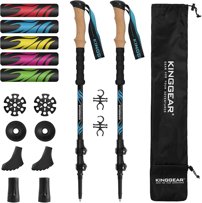 KINGGEAR TPC 100% Carbon Fiber Hiking Poles, Telescopic Retractable Nordic Trekking Poles, Ultra Lightweight Nordic Walking Stick, Metal Flip Locks, Cork and Extended EVA Handle