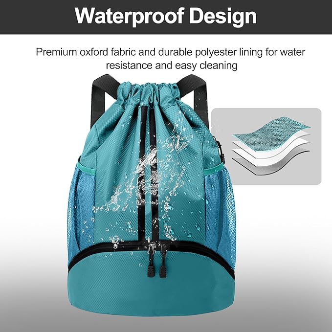 Hoedia Sports Drawstring Backpack - String Swim Gym Bag with Shoes Compartment and Wet Proof Pocket for Women and Men
