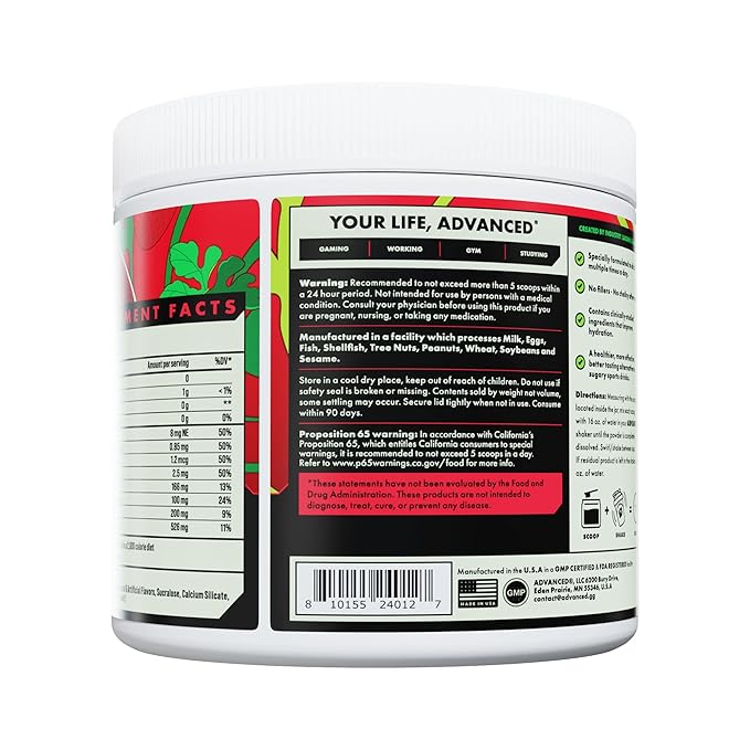 Advanced Hydration High-Performance Electrolyte Drink Mix with B Vitamins for All-Day Hydration - Caffeine Free, Zero Calories, Sugar Free, & Keto Friendly - (30 Servings, Strawberry Watermelon)