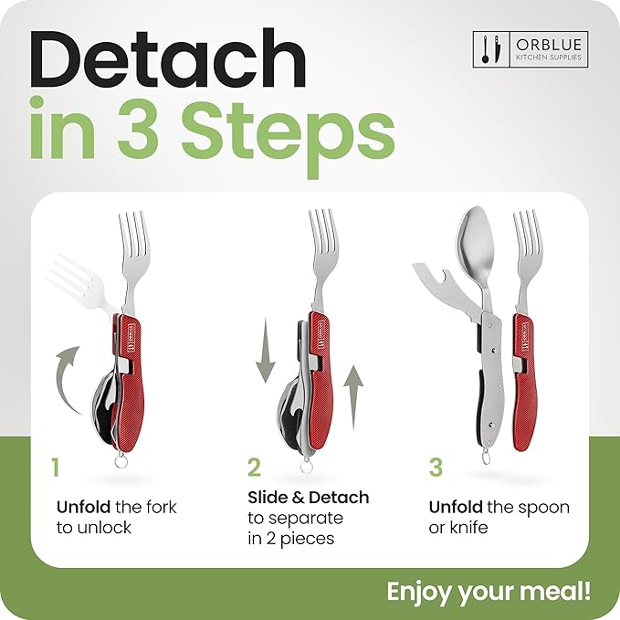 Orblue 4-in-1 Camping Eating Utensils, 2-Pack - Portable Spoon, Fork, Knife & Bottle Opener Combo Set - Stainless Steel Flatware with Detachable Fork - Travel, Backpacking Cutlery Multitool, Red