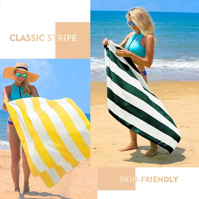 Exclusivo Mezcla 4 Pack Cotton Oversized 35x70 Inches Soft Cabana Stripe Thick Beach Towel, Super Absorbent Travel Bath Pool Towel (Forest Green)