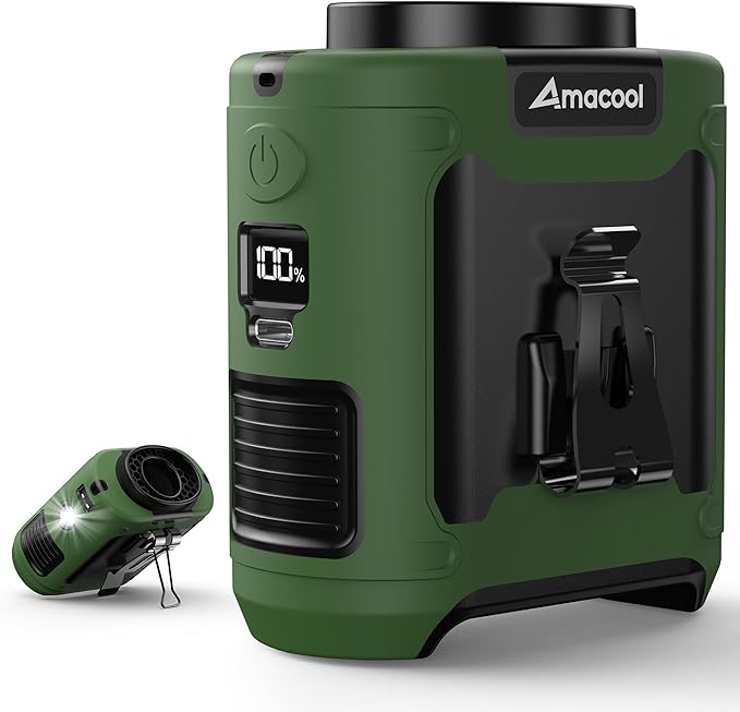 AMACOOL Portable Waist Fan Clip On, MAX 40H Work Time, 10000mAh Rechargeable Wearable Shirt Fan with Light, 16000RPM Powerful 5 Speed Belt Fans Personal Cooling Fans for Outdoor Jobsite Camping Travel