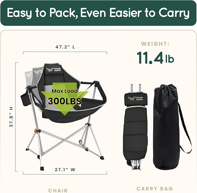 Hammock Camping Chair – Folding Swing Chair with Headrest & Cup Holder, 300 lbs Support, Breathable Mesh, Portable & Lightweight for Outdoor, Camping, Fishing, Patio & Travel