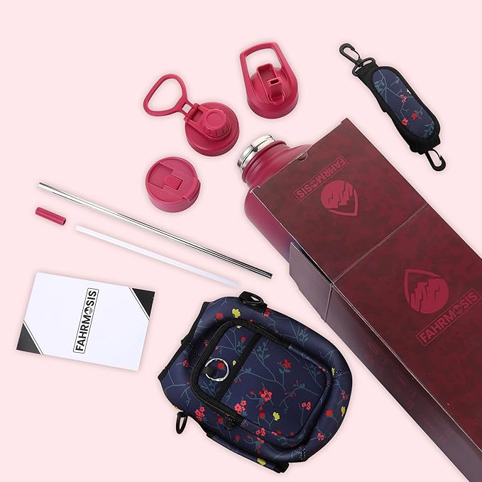 64 Oz Insulated Water Bottle with Strap Stainless Steel Sports Water Bottle with 3 Lids (Straw, Chug and Flip Lid) Leak Proof Metal Half Gallon Jug for Men & Women - Red Fusion