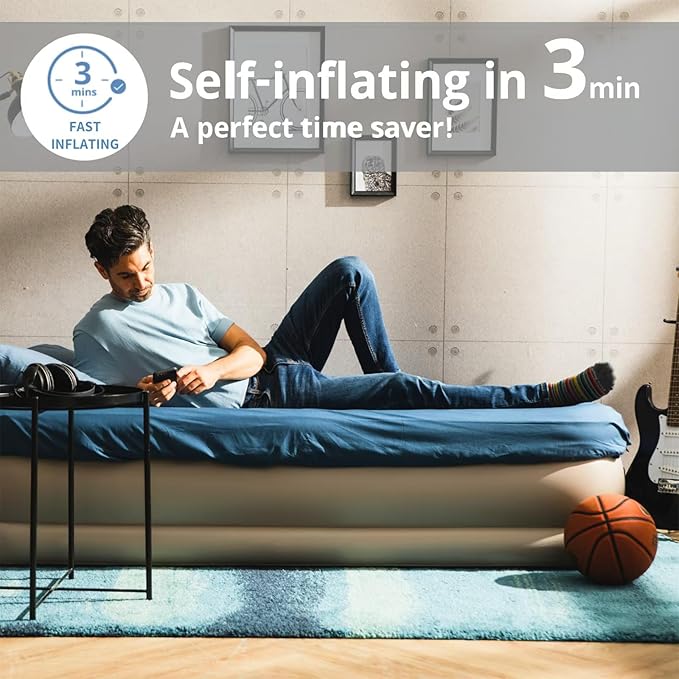 Simpli Comfy 18” Twin Inflatable Air Mattress with Built-in Dual Pump, Elevated, Adjustable Firmness, Self-Inflating Blow-Up Mattress with Storage Bag for Home, Guest, Travel, Camping, Relocation