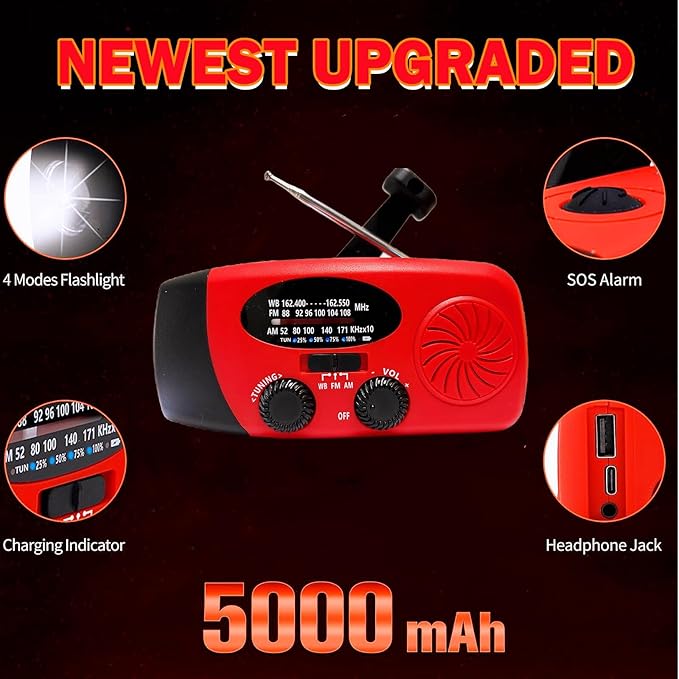 18500mWh/5000mAh Emergency Crank Weather Radio, iRonsnow NOAA/FM/AM Solar Radios, Portable Survival Radio with SOS, Earphone Jack, 1W 4 Modes LED Flashlight, Cell Phone Charger for Camping Hiking