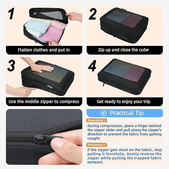 BAGAIL 4 Set/6 Set/8 Set Compression Packing Cubes Travel Accessories Expandable Packing Organizers (Square Mesh, 05-Black)