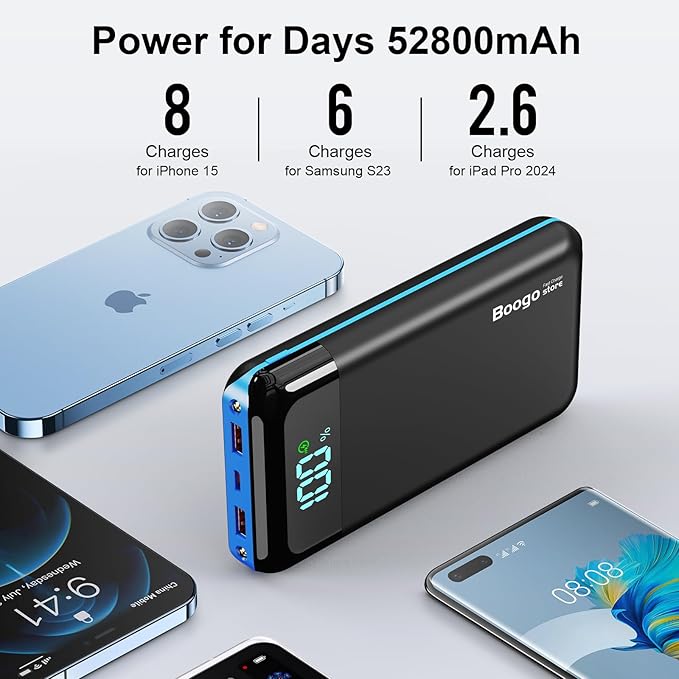 Portable Charger Power Bank 52800mAh Powerbank PD 30W and QC 4.0 Fast Charging Built-in Bright flashlight LED Display 2 USB 1Type-C Output External Battery Pack for iPhone, Samsung, iPad etc (blue)
