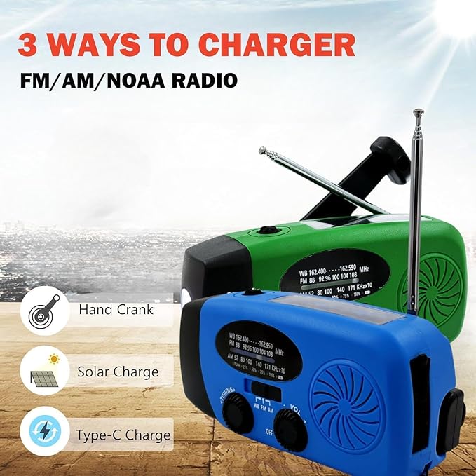 Solar Emergency Hand Crank Weather Radio, Portable Self Powered NOAA AM/FM Radios with SOS Alarm LED Flashlight 5000mAh Power Smart Phone USB Charger for Camping (5000mAh Blue)