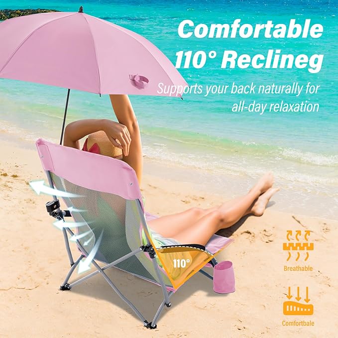 Homcosan Portable Low Folding Beach Chairs Set of 2 with Detachable Umbrellas - Lightweight Camping Chairs for Adults with Cup Holder & Storage Pockets, Carry Bag Included (Pink & Yellow)