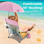 Homcosan Portable Low Folding Beach Chairs Set of 2 with Detachable Umbrellas - Lightweight Camping Chairs for Adults with Cup Holder & Storage Pockets, Carry Bag Included (Pink & Yellow)