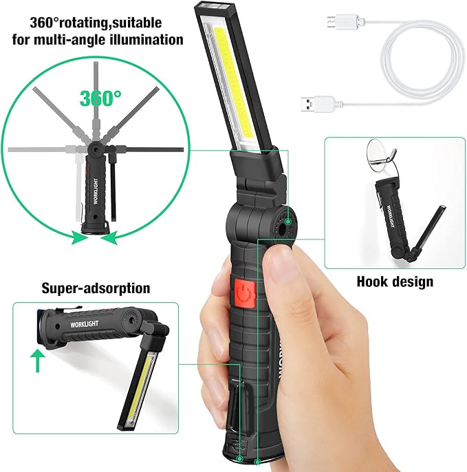 Honoson 4 Pieces LED Work Light Cob Rechargeable Work Flashlight with Magnetic Base, Hanging Hook and 360° Rotate 5 Modes Portable LED Flashlight for Car Repair, Household and Outdoor(Small)