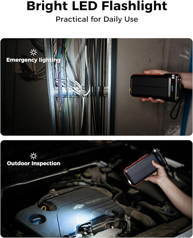 GOODaaa Solar Power Bank, 45800mAh Wireless Portable Charger Built-in Cables,15W Fast Charging Solar Charger, USB C in&Out and USB A Battery Pack for Outdoor with Emergency Radio,Flashlight