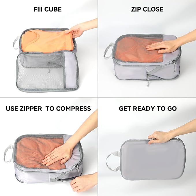 Voova 6 Set Compression Packing Cubes, Travel Accessories Expandable Packing Organizer Bags Set for Carry on Suitcase, Durable Luggage Packing Cubes for Travel Essentials,Grey