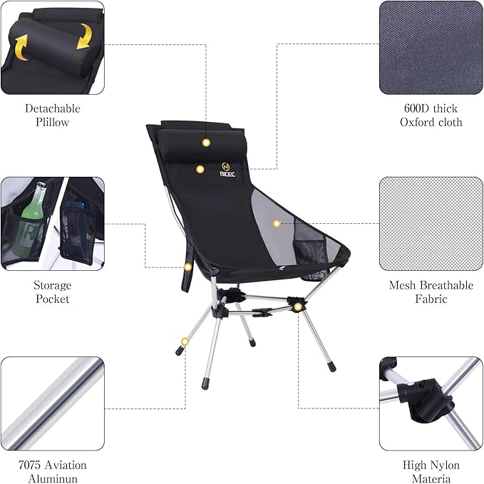 Nice C Ultralight High Back Folding Camping Chair, Collapsible Backpacking Chair, Compact & Heavy Duty Outdoor, Travel, Picnic, Festival with 2 Side Pockets, Pillow &Carry Bag (Set of 2 Black)