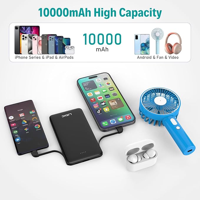 10000mAh Slim Power Bank with Built in Cable,Thin Lightweight Portable Phone Charger,4 Output USB C Travel Essentials External Battery Pack Clutch Charger for iPhone,Samsung,Android,Heated Vest,Black