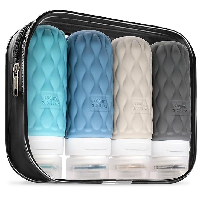 100 ml Silicone Travel Bottles for Toiletries with Labels/Clear Bag, Holiday Travel Essentials Leakproof Refillable Squeeze Travel Size Containers Set for Shampoo and Conditioner