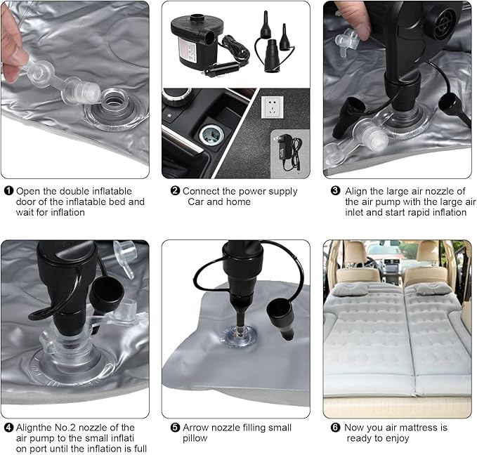 ISWEES Car Bed SUV Air Mattress, Car Air Mattress with Home Power Adapter, Electric Pump, 2 Inflatable Pillows and 2 Footrests for Back Seat, Side Seat,Trunk Sleeping, Thickened Camping Bed - Grey