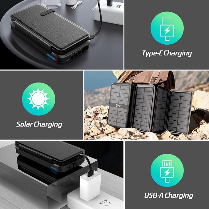 Solar Charger, Power Bank, Portable Charger,43800mAh QC3.0 Fast Charger Qi 10W Wireless Charger 4 Solar Panel Built-in 2 Kinds Output Cable and 680Lumen flashlights