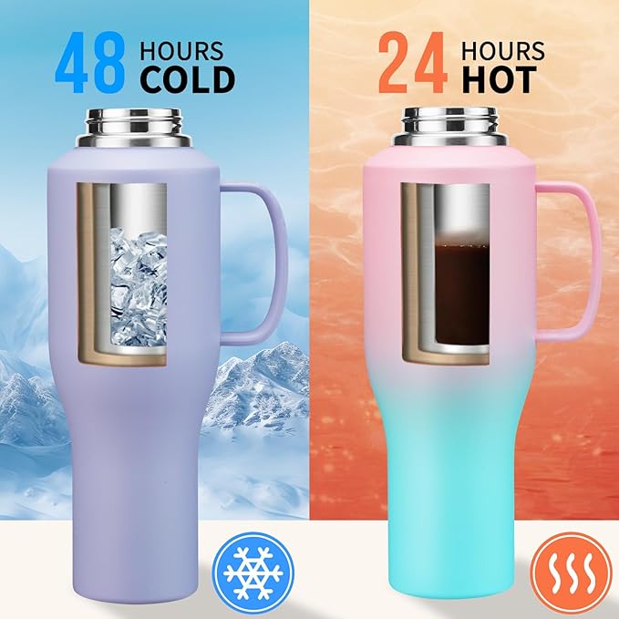 40 oz Insulated Water-Bottle that fits in Cup Holder - Straw & Chug Lid, Cold 48h/Hot 24h, Travel Coffee Tumblers with Handle & Strap Carrier Bag & Protective Boot, Leak Proof Metal Flask Cup