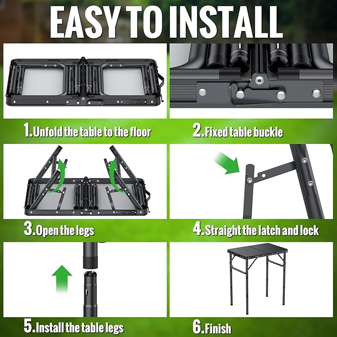 GARLLEN 2ft Folding Camping Table, 3 Adjustable Height Lightweight Folded Picnic Table, Portable Aluminum Grill Table for Camping, BBQ, Outdoor, 22.8" L x 15.7" W, Black