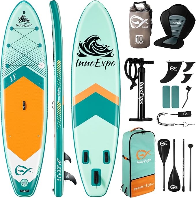InnoExpo Inflatable Stand Up Paddle Boards with Premium Accessories, Wide Stable SUP Paddle Board Design, Non-Slip Comfort Deck for Youth & Adults