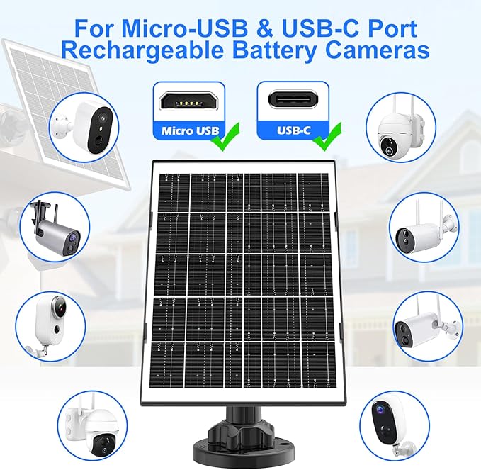 8W Solar Panel for Security Camera, Micro USB & USB-C Port Security Camera Solar Panel, IP65 Waterproof & 10FT Cable & High Solar Conversion Rate Solar Panels for Built-in Rechargeable Battery Cameras