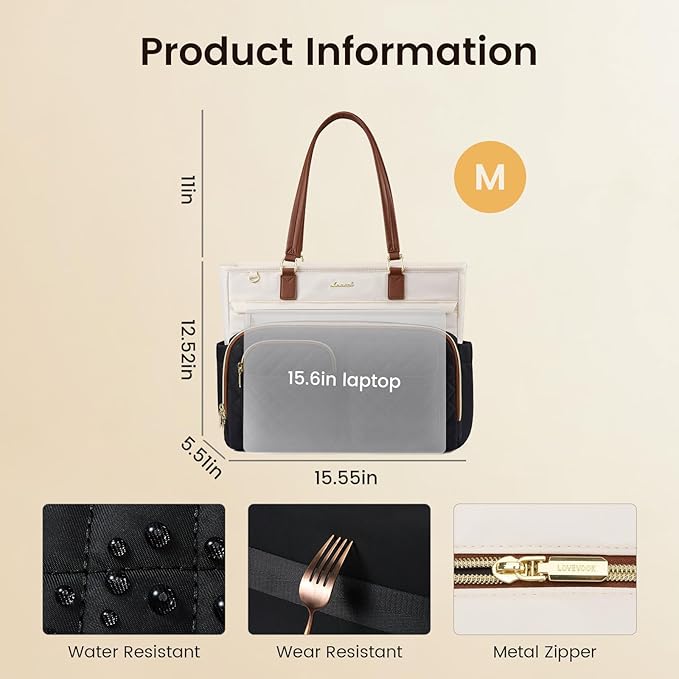 LOVEVOOK Tote Bag, Work Tote Bags for Women with Large Cup Holder, Large Capacity Teacher Tote with Multi Pockets, Nurse Diaper Bag with Padded Laptop Compartment, 15.6 Inch Black Brown