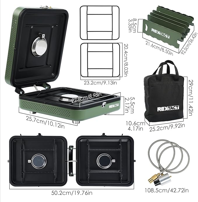 2 Burner Camping Stove with Carrying Bag, Foldable Propane Camp Stove with 17,200 BTU for Camping, Outdoor Cooking, Portable Gas Stove with Adjustable Burner for BBQ,Green with Windscreen