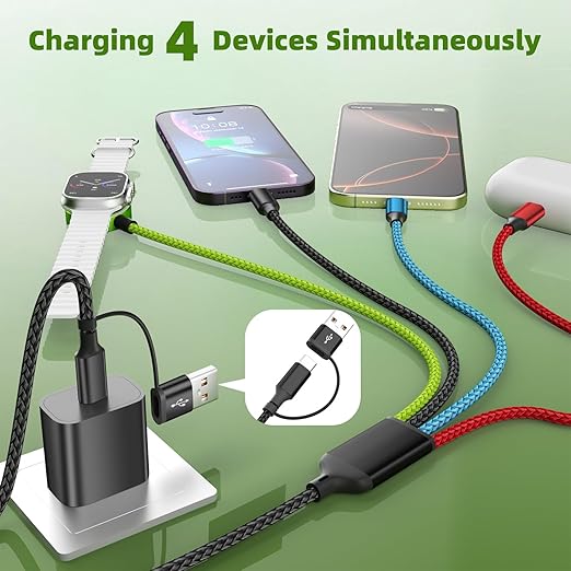 Travel Essentials Apple Watch Charger, 4 in 2 Multi Charging Cable with Dual Type-C, USB A/C Travel Charger for Multiple Devices for iWatch Ultra/SE/10-2, iPhone 17-11, Galaxy S25-21, iPad (2PACK 5FT)
