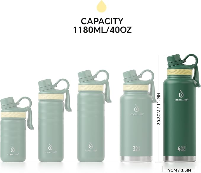 IDEUS Insulated Stainless Steel Water Bottle with 2 Leak-Proof Lids, Thermal Water Flask for Hiking Biking, 40oz, Green