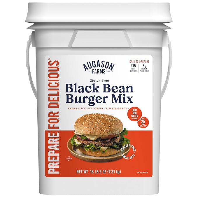 Augason Farms Black Bean Burger Mix 4-Gallon Pail, Certified Gluten Free, Emergency Food Supply, Everyday Meals, 215 Servings