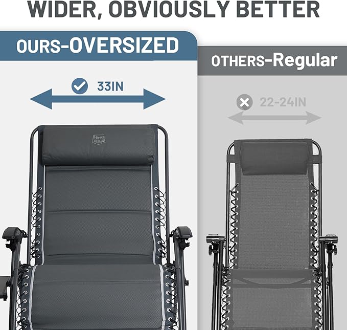 TIMBER RIDGE Oversized Zero Gravity Chair, 33In Wide XXL Zero Gravity Reclining Chair with Side Table, Full Padded Lounge Chair for Outdoor Camping Patio Lawn, Heavy Duty Supports 500lbs, Grey-2 Pack