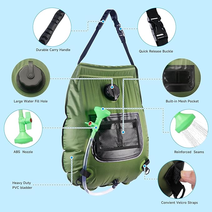 Solar Portable Shower Bag, 5 Gal/20L Solar Heating Outdoor Camping Shower Bag with On-Off Switchable Shower Head&Removable Hose Suitable for Camping, Hiking, Travel, Beach Swimming