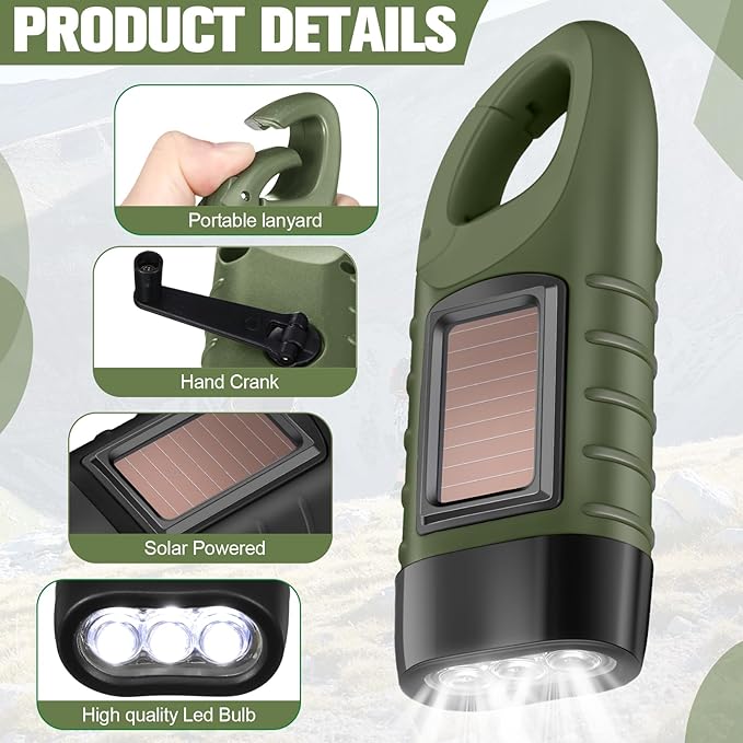 Mudder 6 Pcs Hand Crank Solar Powered Flashlights Emergency Rechargeable LED Handheld Flashlights for Survival Gear Outdoor Sports Camping Hiking Backpack Safety(Green,Black)