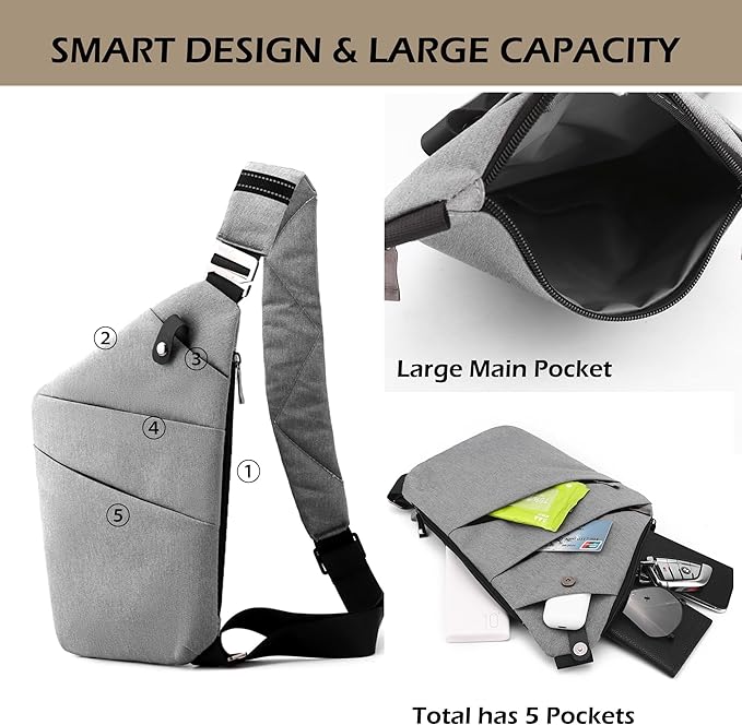 Anti Theft Crossbody Bags for Women Men, Multi-Pocket Shoulder Bag, Slim Sling Purse with 2 RFID Blocking Card (Right Shoulder-Khaki)