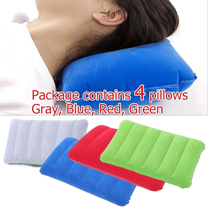 4Pack Ultralight Inflatable Travel Pillow, Small Squared Flocked Fabric Air Pillow for Traveling, Holiday Trip, Hiking, Camping,Napping,Neck Lumbar Support, 16.5 in x 10.5 in (Gray,Blue,Red,Green)