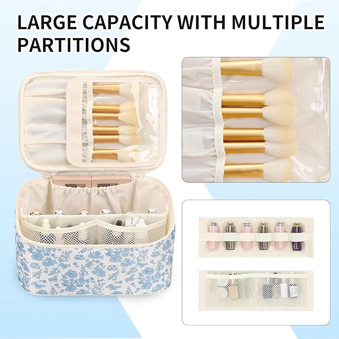 OCHEAL Makeup Bag Portable Cosmetic Bag For Women, Large Capacity Travel Makeup Case Organizer, Toiletry Bag for Girls Traveling With Handle and Divider-Flowers