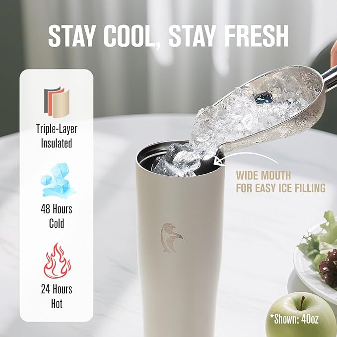 Coolflask Water Bottle 32 oz Fits Car Cup Holder, Slim Tumbler Stainless Steel with Straw & Handle, Vacuum Flask Leakproof Wide Mouth for Travel Sports Gym, Cream White