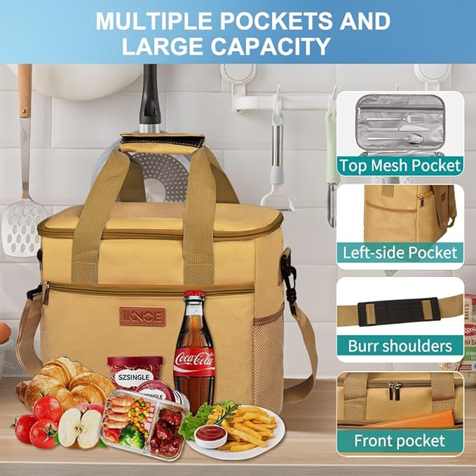 iknoe Large Cooler Bag Collapsible, 15L Insulated Bags, Leakproof Lunch Cooler Tote with Multi-Pockets for Adult, Insulated Lunch Box for Beach, Picnic, Work, Khaki 24-Can