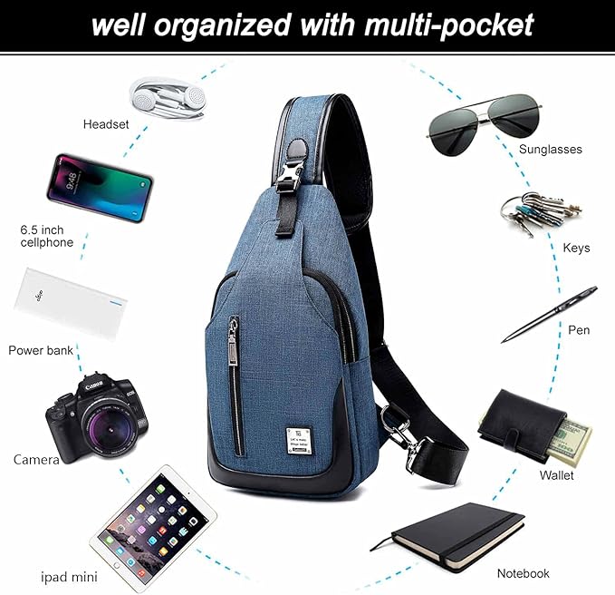 Small Sling Bag Crossbody Backpack Over the Shoulder Bag for Men Women Travel Outdoors, Lightweight Sling Chest Pack (Large, Blue)