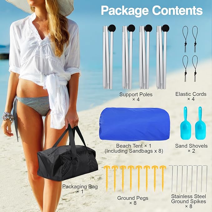 Rhino Valley Beach Tent Shade Canopy UPF50+ Protection, 8 Sandbags, 4 Stability Poles, Outdoor Sun Shelter Umbrella for Sand, Camping, Fishing Essentials
