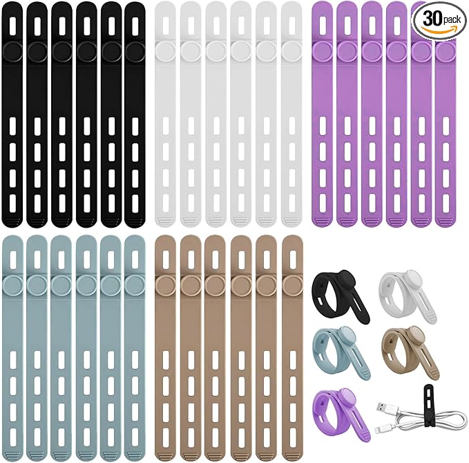 30 Pcs Cable Ties ，Silicone Cable Ties, Reusable Cord Organizer for Charger Cables, Hair Dryer, Home & Office, Flexible Cord Wraps for Electrical Wires (30 Pcs Cord Organizer)