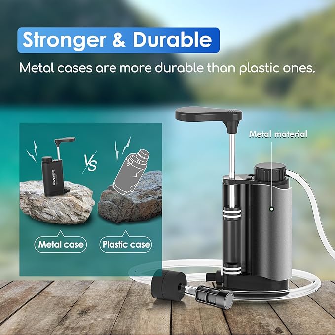 Purewell Water Purifier Pump with Replaceable Carbon 0.01 Micron Water Filter, 4 Filter Stages, Portable Outdoor Emergency and Survival Gear - Camping, Hiking, Backpacking